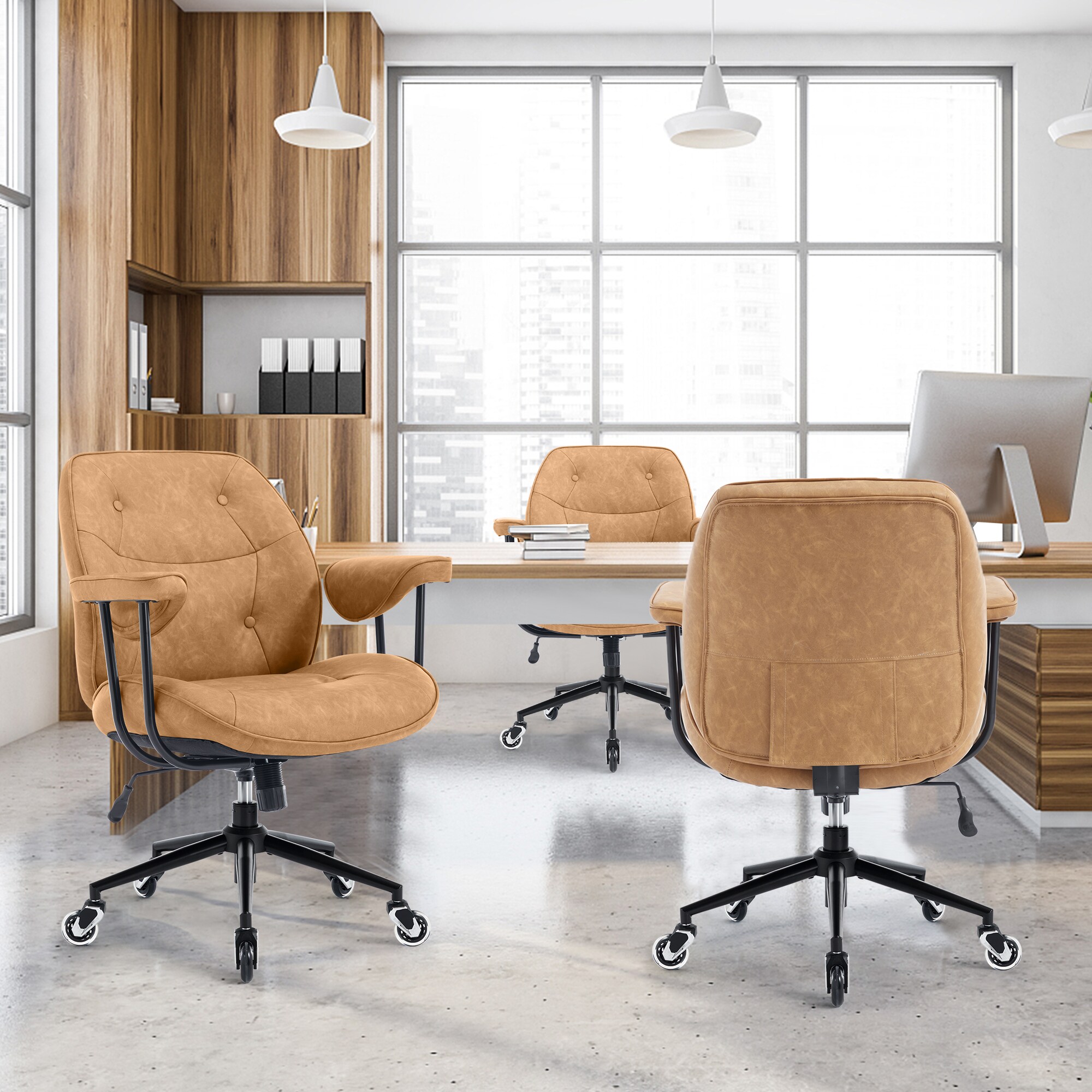 Home Office Desk Chair Retro Leather Chair With Lumbar Support &Rubber Wheels, Mid Back Ergonomic Computer Chair Swivel Rolling Work Chair_maomaolike.com